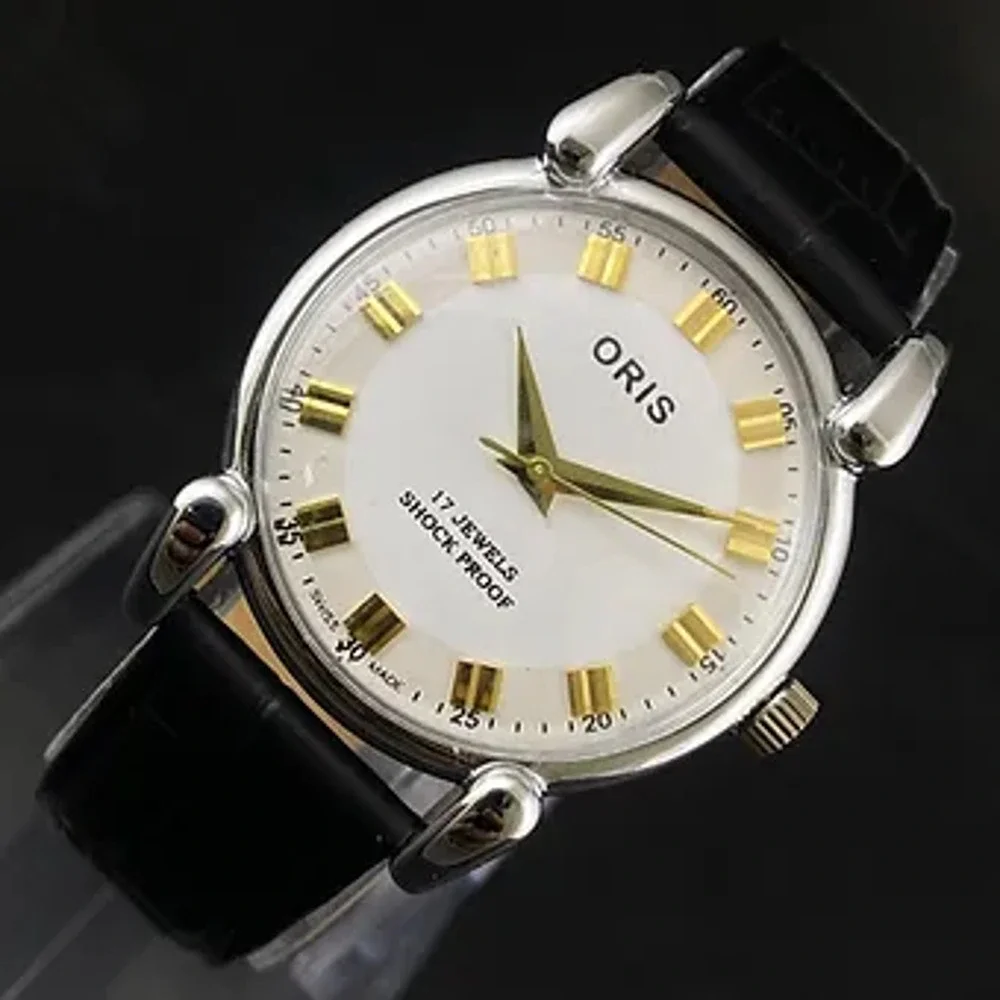 Vintage 1973 Oris Manual Mens Silver Watch W/Leather Strap & Gold accents